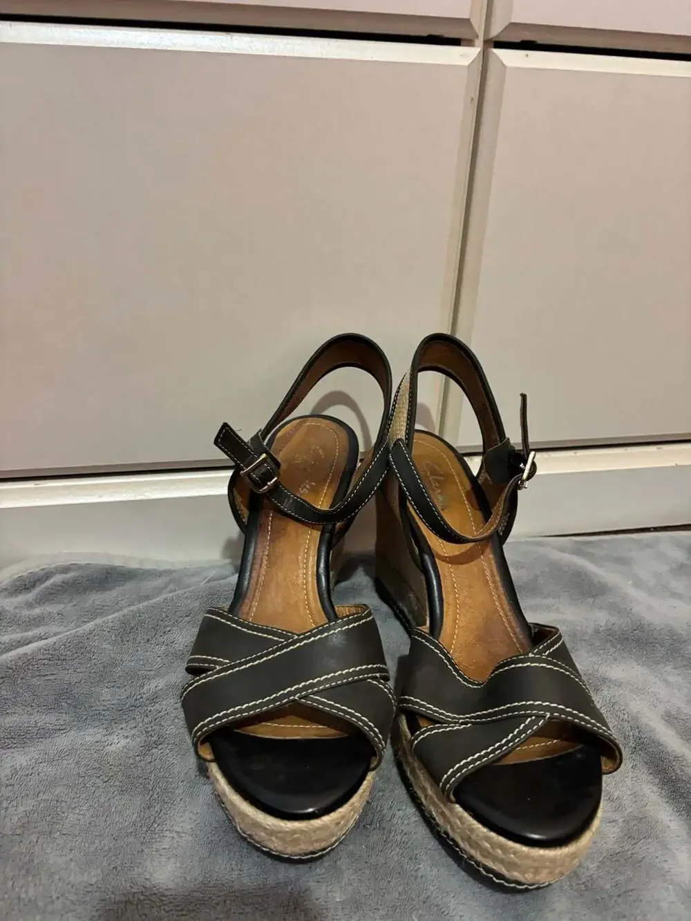 Clarks Indigo Black Leather White Stitching Espadrille Wedge Sandals 9